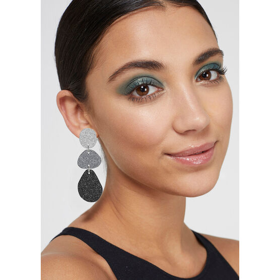 Silver, grey and black triple glitter drop earrings